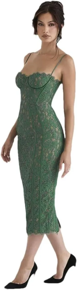 Women's Spaghetti Strap Lace Sexy Midi Dress Sleeveless Backless Club Party Printed Long Dress