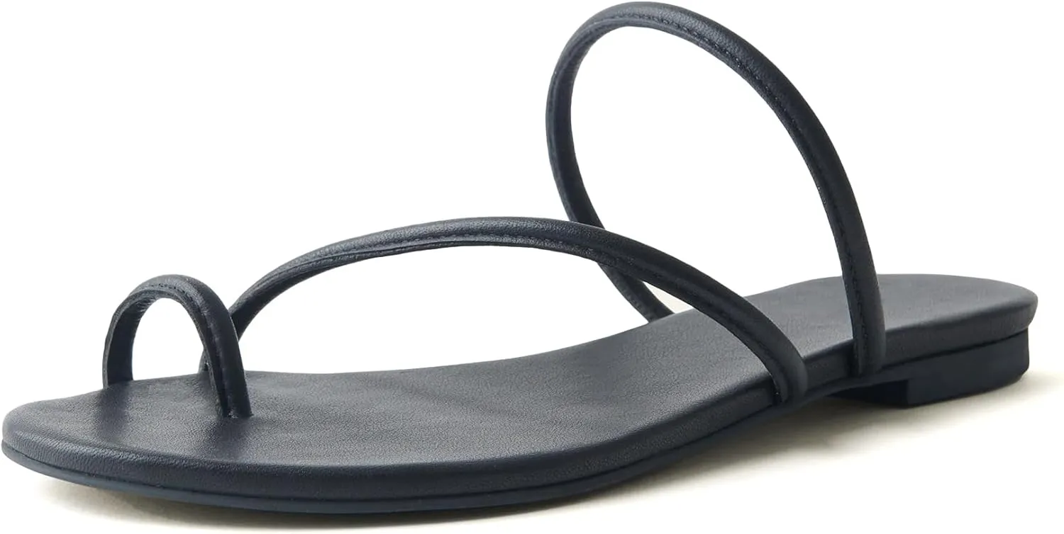 Women's Strappy Flat Sandals Slip On Slides Toe Ring Slippers with Cross Strap Comfortable Open Toe Summer Flats Shoes
