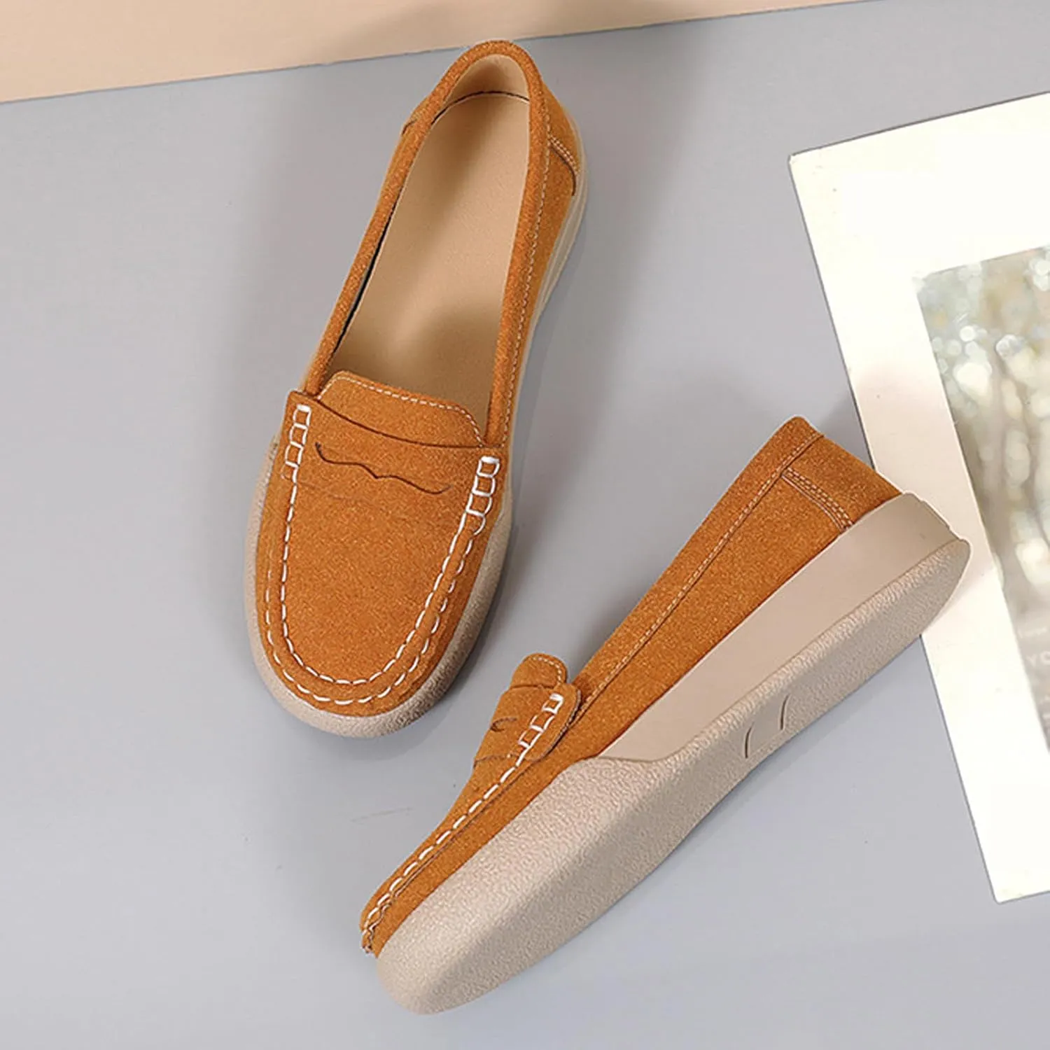 Women's Suede Slip-On Flat Penny Loafers,Fashion Comfortable Non-Slip Moccasins Driving Shoes,Lightweight Soft Sole Casual Work Boat Shoes