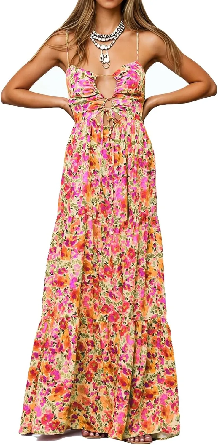 Womens Summer Floral Spaghetti Strap Backless Low Cut Smocked Flowy Maxi Dresses Beach Sundresses