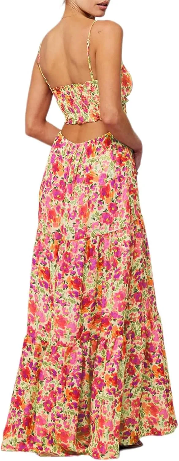 Womens Summer Floral Spaghetti Strap Backless Low Cut Smocked Flowy Maxi Dresses Beach Sundresses