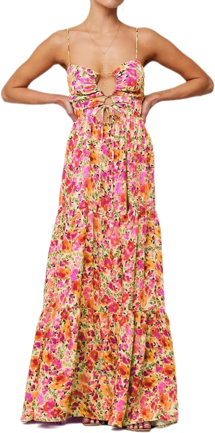 Womens Summer Floral Spaghetti Strap Backless Low Cut Smocked Flowy Maxi Dresses Beach Sundresses