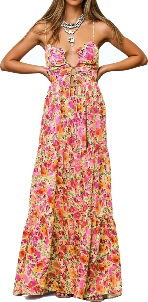 Womens Summer Floral Spaghetti Strap Backless Low Cut Smocked Flowy Maxi Dresses Beach Sundresses