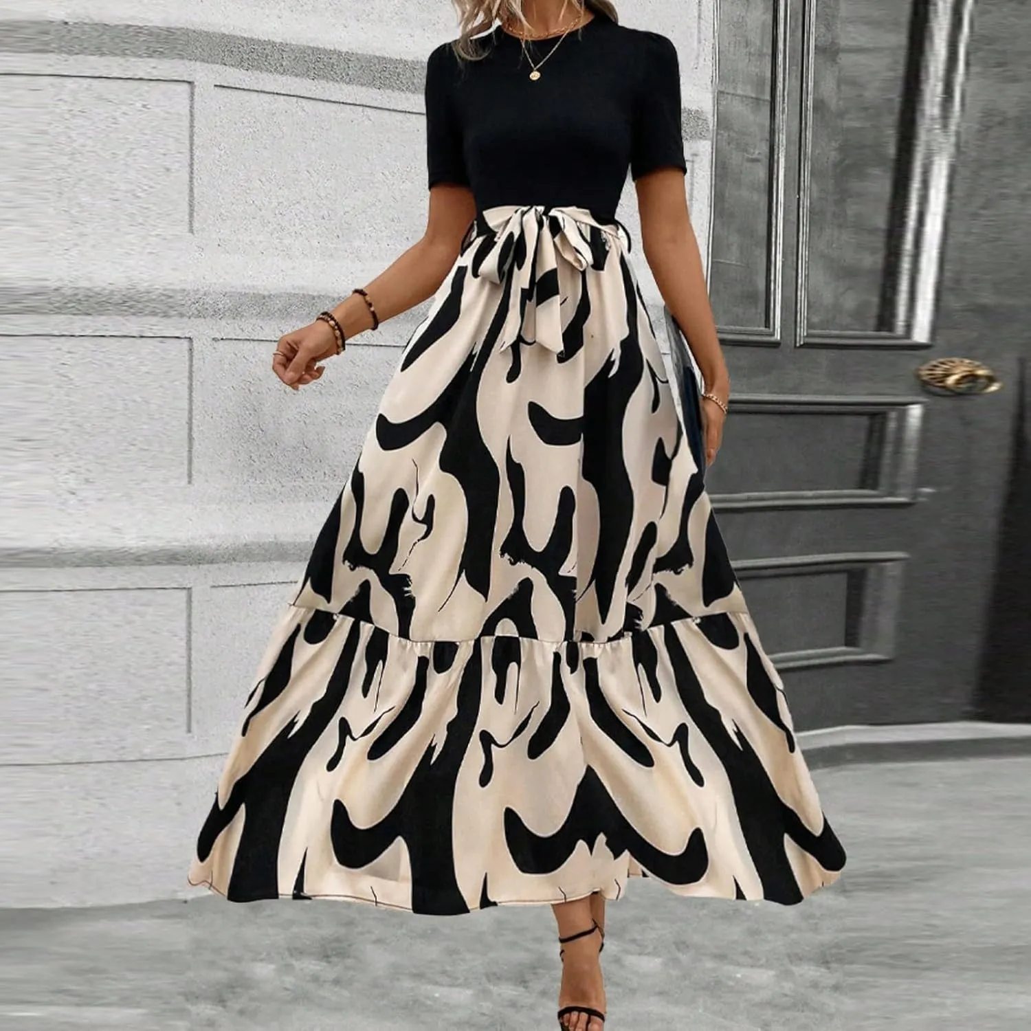 Women's Summer Maxi Dress Casual 2025 Trendy Short Sleeve Long Dresses Ruffle Hem A Line Beach Sundress Flowy Elegant