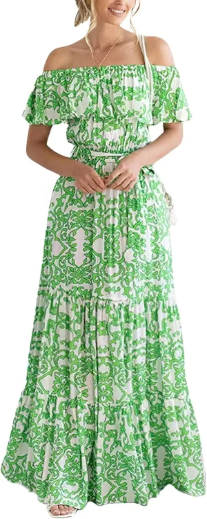 Women's Summer Off Shoulder Maxi Dress Floral Ruffle Short Sleeve Backless A Line Casual Boho Beach Dresses