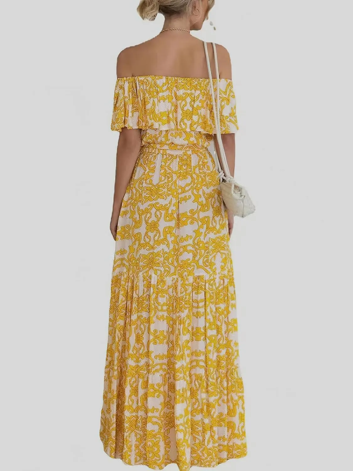 Women's Summer Off Shoulder Maxi Dress Floral Ruffle Short Sleeve Backless A Line Casual Boho Beach Dresses