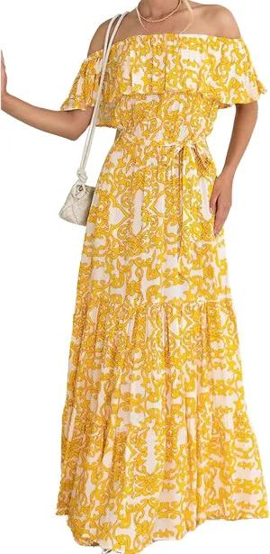Women's Summer Off Shoulder Maxi Dress Floral Ruffle Short Sleeve Backless A Line Casual Boho Beach Dresses