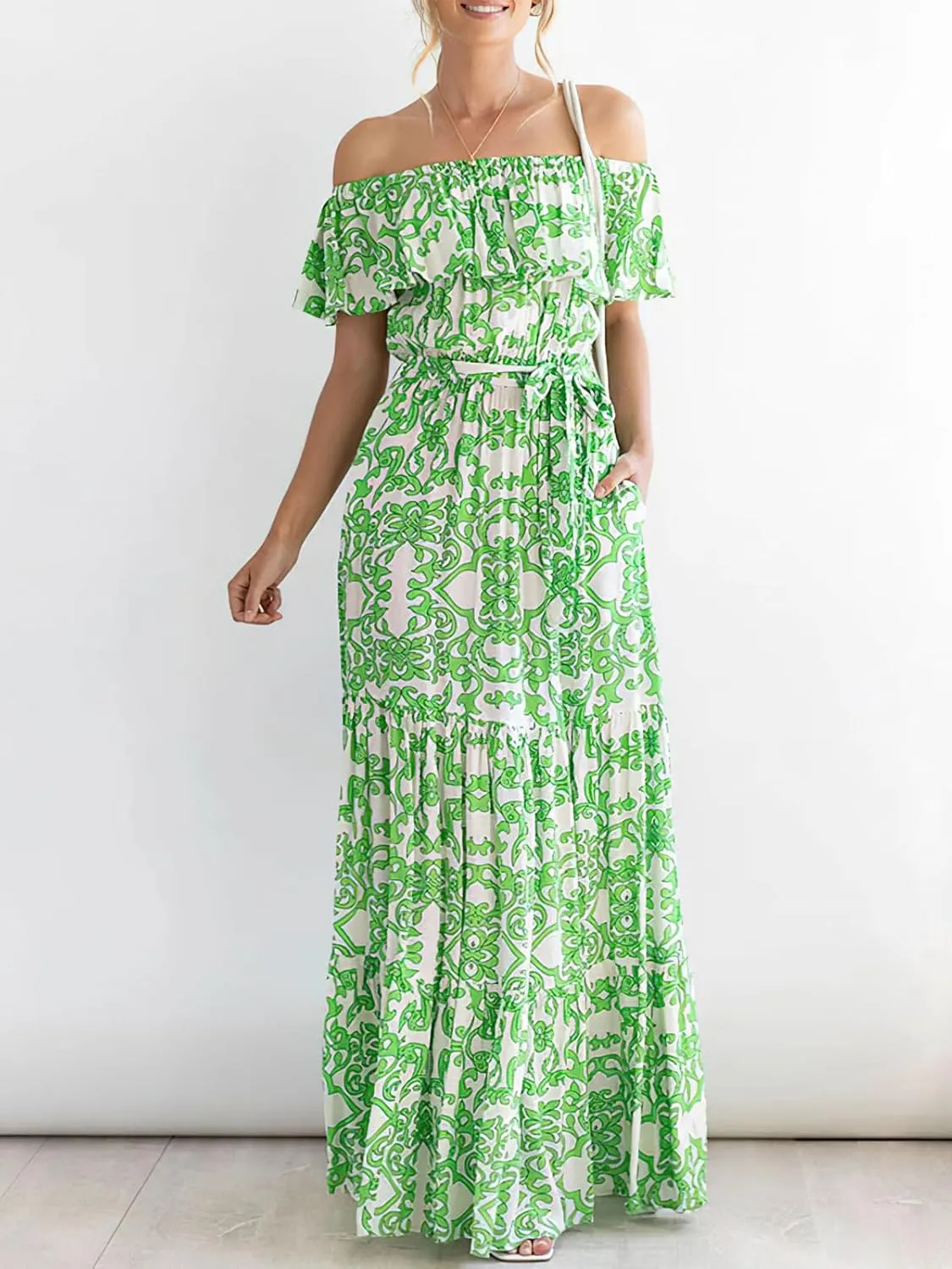 Women's Summer Off Shoulder Maxi Dress Floral Ruffle Short Sleeve Backless A Line Casual Boho Beach Dresses