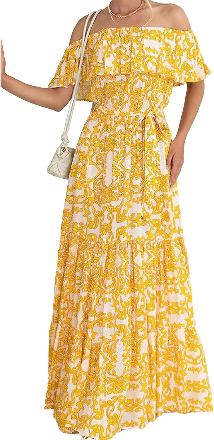Women's Summer Off Shoulder Maxi Dress Floral Ruffle Short Sleeve Backless A Line Casual Boho Beach Dresses