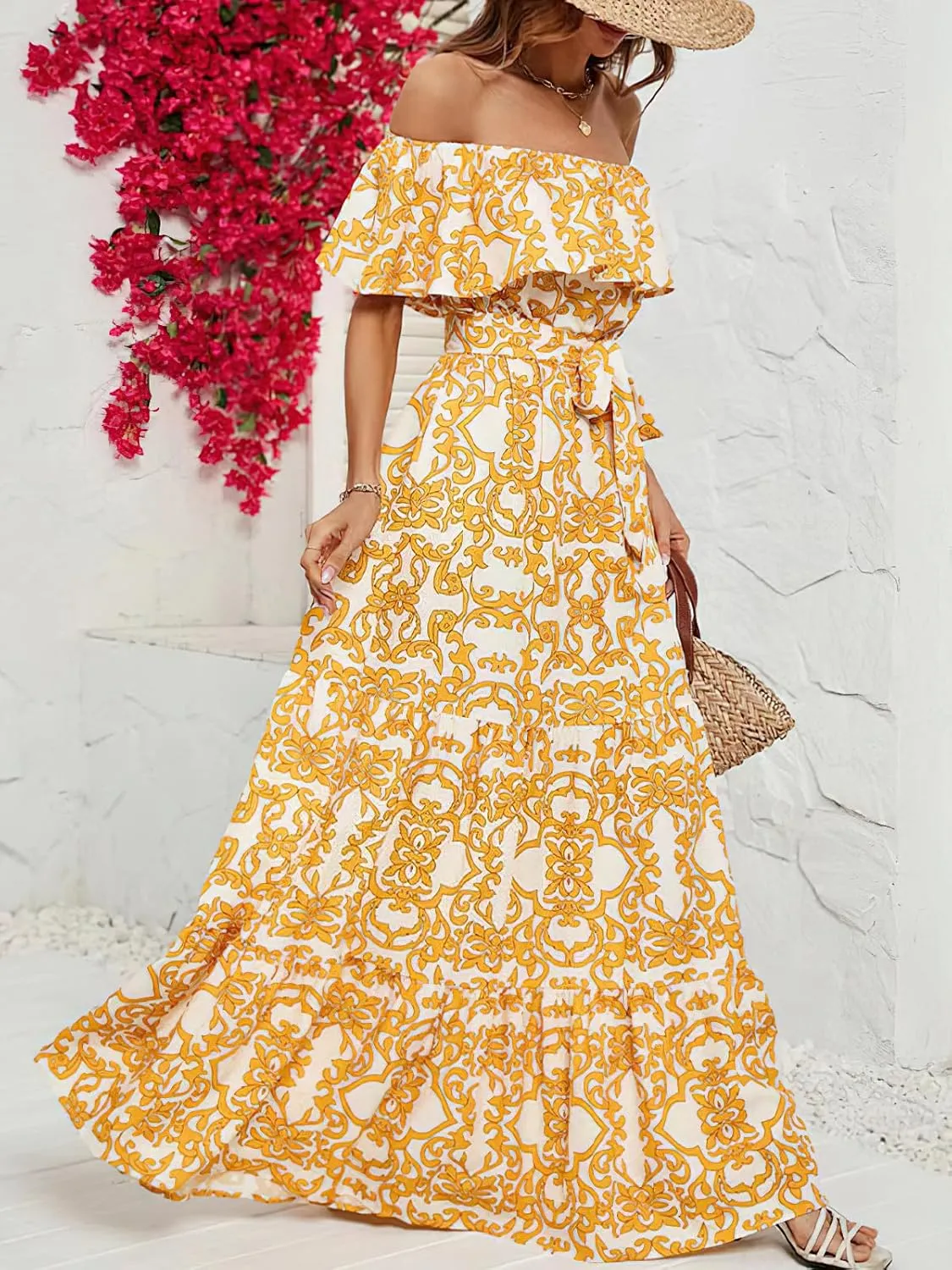 Women's Summer Off Shoulder Maxi Dress Floral Ruffle Short Sleeve Backless A Line Casual Boho Beach Dresses