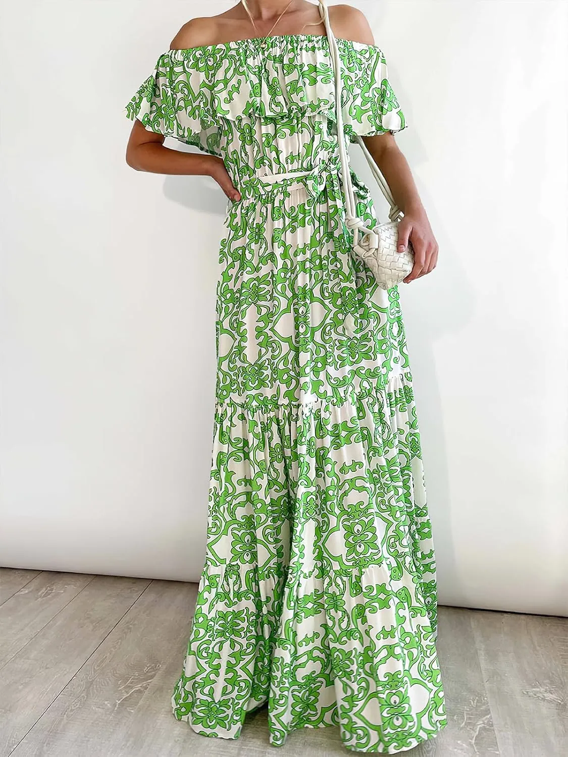 Women's Summer Off Shoulder Maxi Dress Floral Ruffle Short Sleeve Backless A Line Casual Boho Beach Dresses