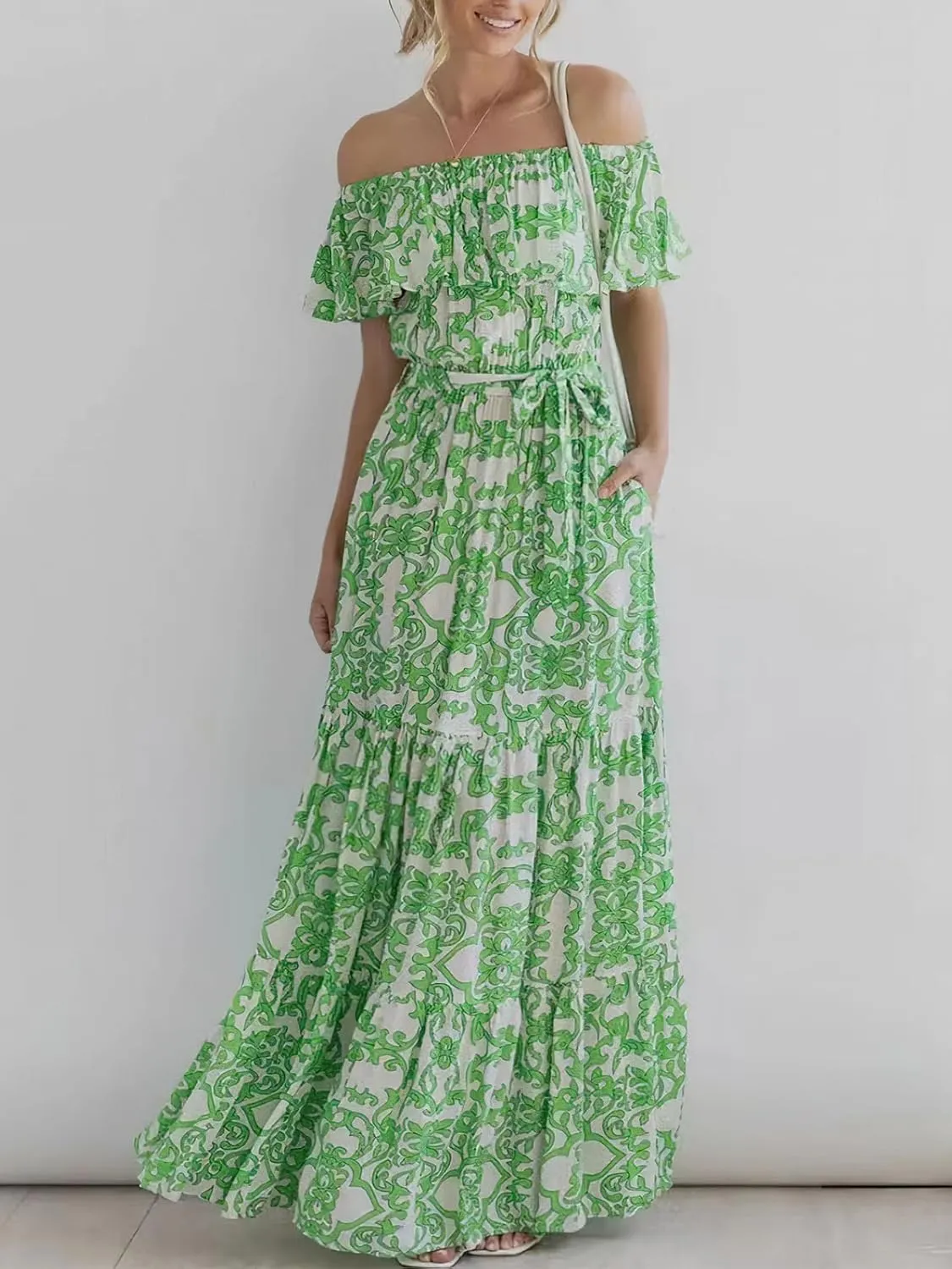 Women's Summer Off Shoulder Maxi Dress Floral Ruffle Short Sleeve Backless A Line Casual Boho Beach Dresses