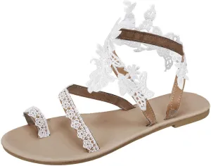 Womens Summer Sandals Lace Boho Thong Flat Sandal Toe Ring Slip On Casual Beach Shoes Comfortable Walking Slides