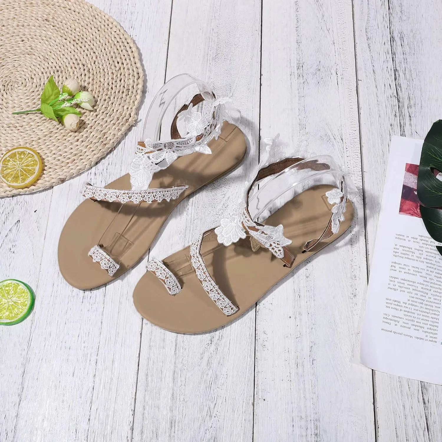 Womens Summer Sandals Lace Boho Thong Flat Sandal Toe Ring Slip On Casual Beach Shoes Comfortable Walking Slides