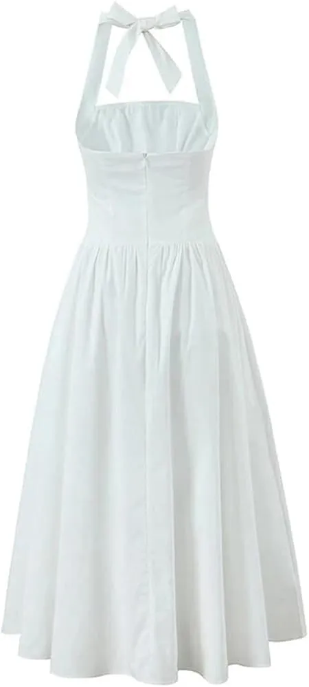 Women's Summer Sexy Dress Backless Halter Neck Sleeveless Midi Dress with High Slit A-Line Party Clubwear