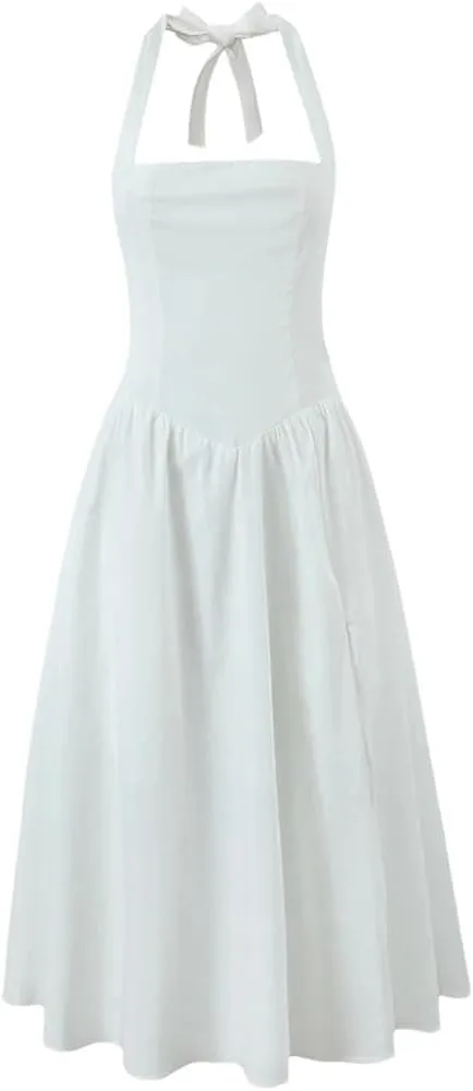 Women's Summer Sexy Dress Backless Halter Neck Sleeveless Midi Dress with High Slit A-Line Party Clubwear