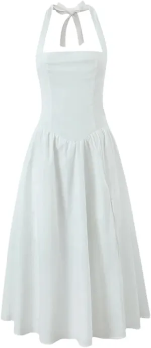 Women's Summer Sexy Dress Backless Halter Neck Sleeveless Midi Dress with High Slit A-Line Party Clubwear