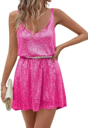 Womens Summer Sleeveless Sequin V-Neck Party Dress, Backless Short Cami Dresses for Women