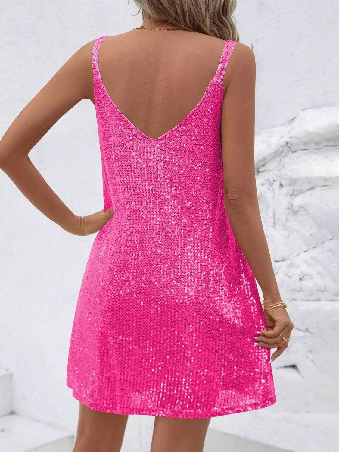 Womens Summer Sleeveless Sequin V-Neck Party Dress, Backless Short Cami Dresses for Women