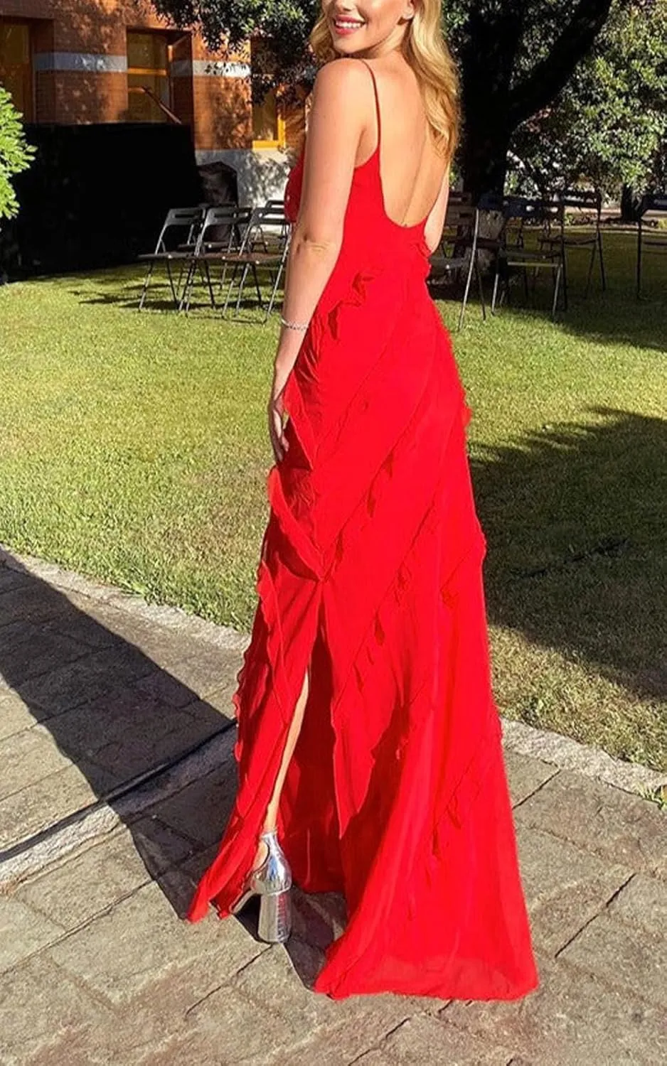 Women's Summer Spaghetti Strap Midi Bodycon Dress Sexy Backless Tassel Ruffle Side Split Party Maxi Dresses