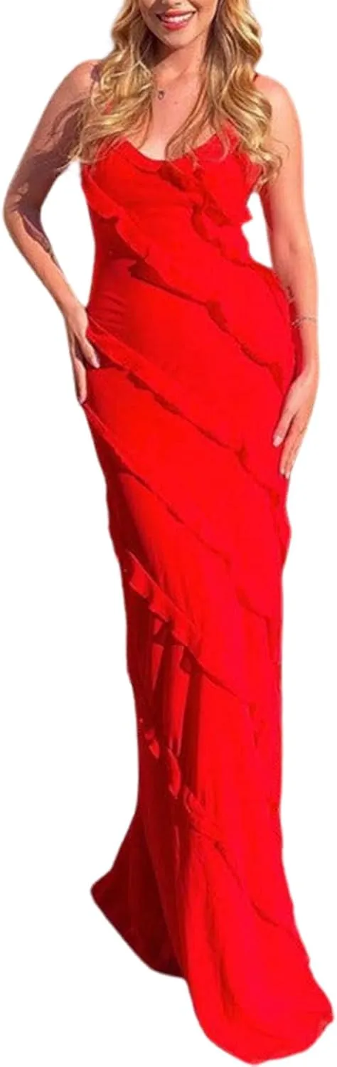 Women's Summer Spaghetti Strap Midi Bodycon Dress Sexy Backless Tassel Ruffle Side Split Party Maxi Dresses