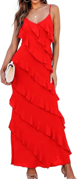 Women's Summer Spaghetti Strap Midi Bodycon Dress Sexy Backless Tassel Ruffle Side Split Party Maxi Dresses