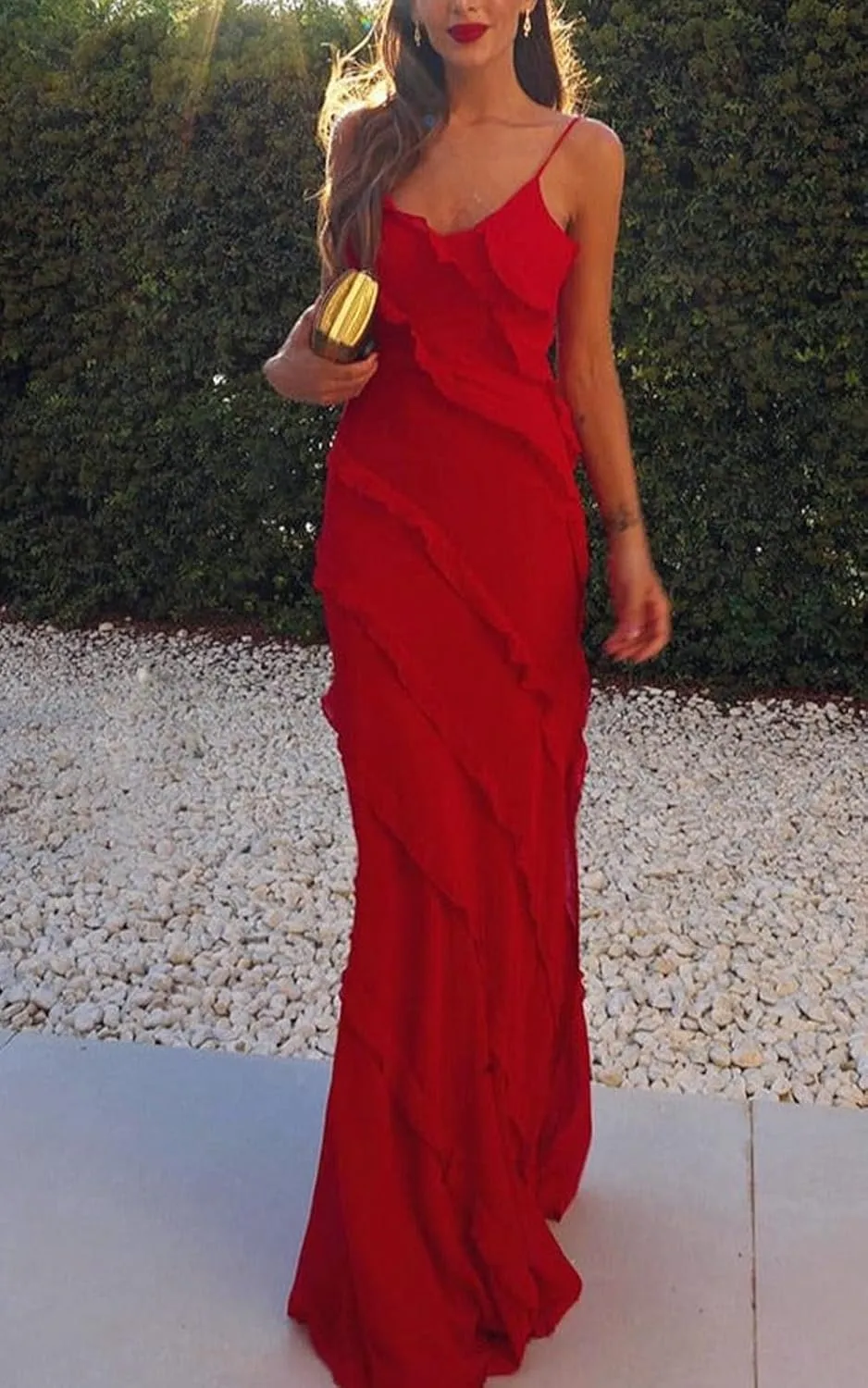 Women's Summer Spaghetti Strap Midi Bodycon Dress Sexy Backless Tassel Ruffle Side Split Party Maxi Dresses