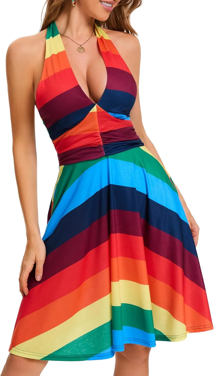 Women's Summer Sundress- 2025 Sexy Halter Sleeveless Spring Boho Elastic Waist Ruffle Mini Dress