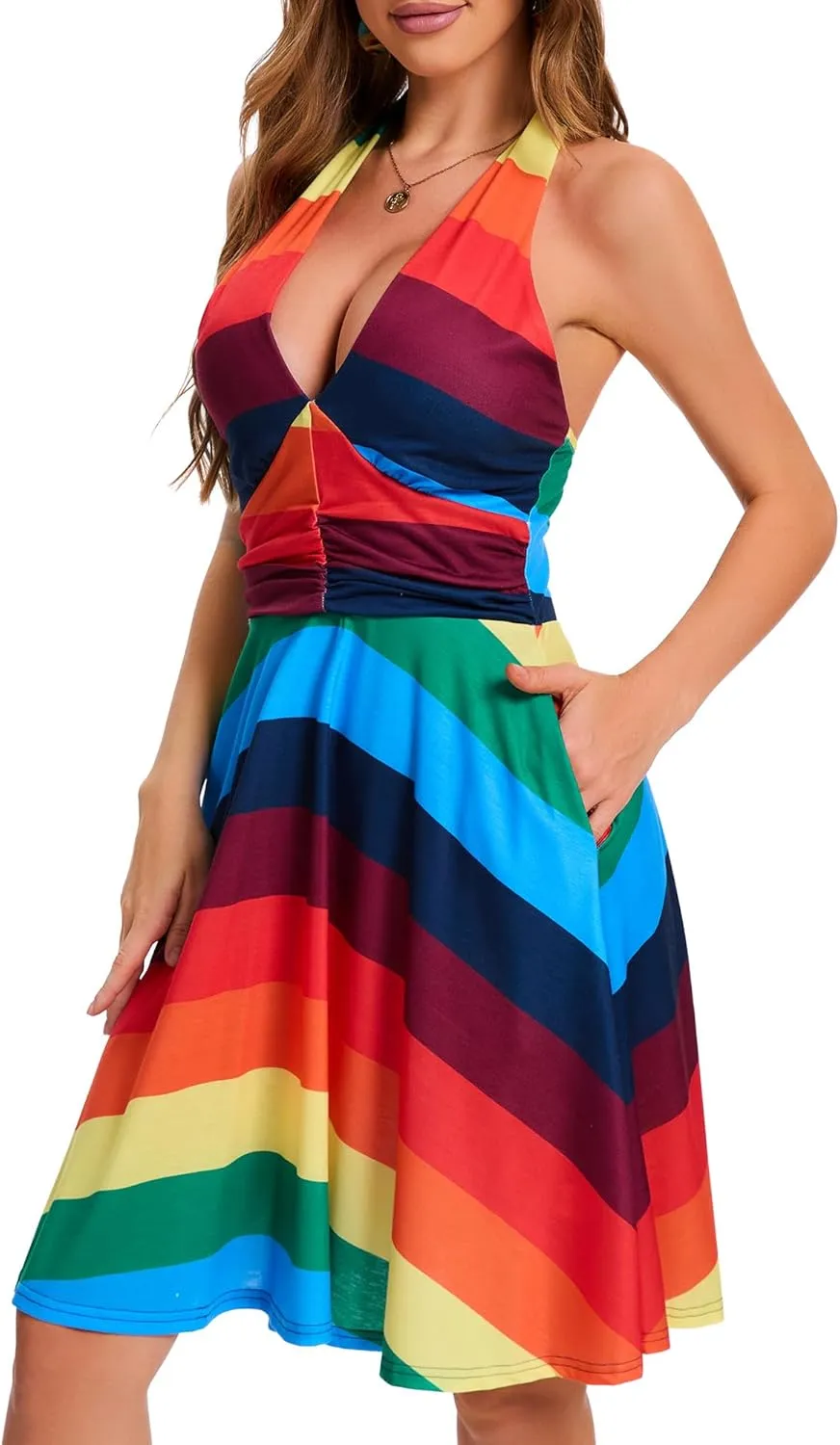 Women's Summer Sundress- 2025 Sexy Halter Sleeveless Spring Boho Elastic Waist Ruffle Mini Dress