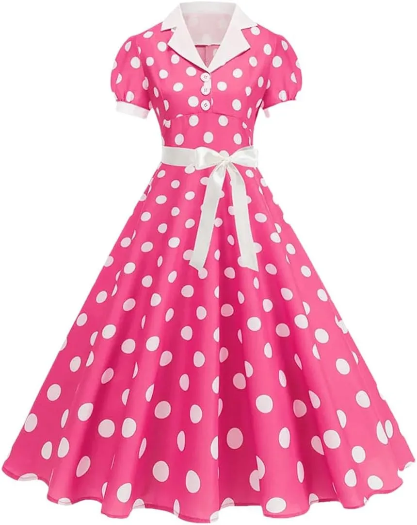 Women's Vintage Polka Dot A Line Dress Notched Collar Short Sleeve Belted 1950S 60S Style Elegant Dress