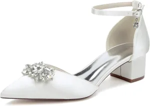 Women's Wedding Shoes Bride Satin Pointed Toe Low Heels Ankle Strap Block Heel Dress High Sandal 4.5Cm