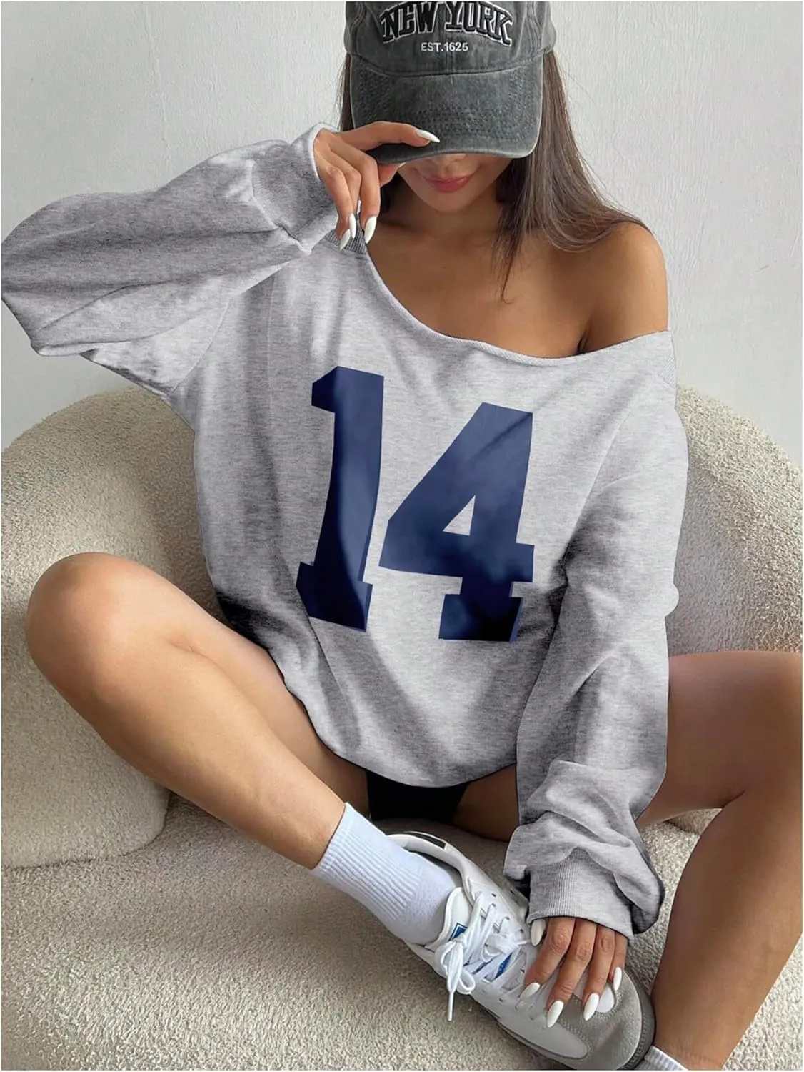 Women's Y2K Jersey Sweatshirt Number Print Off Shoulder Sweatshirt Long Sleeve Asymmetrical Shoulder Loose T Shirt