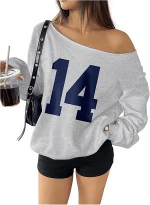 Women's Y2K Jersey Sweatshirt Number Print Off Shoulder Sweatshirt Long Sleeve Asymmetrical Shoulder Loose T Shirt