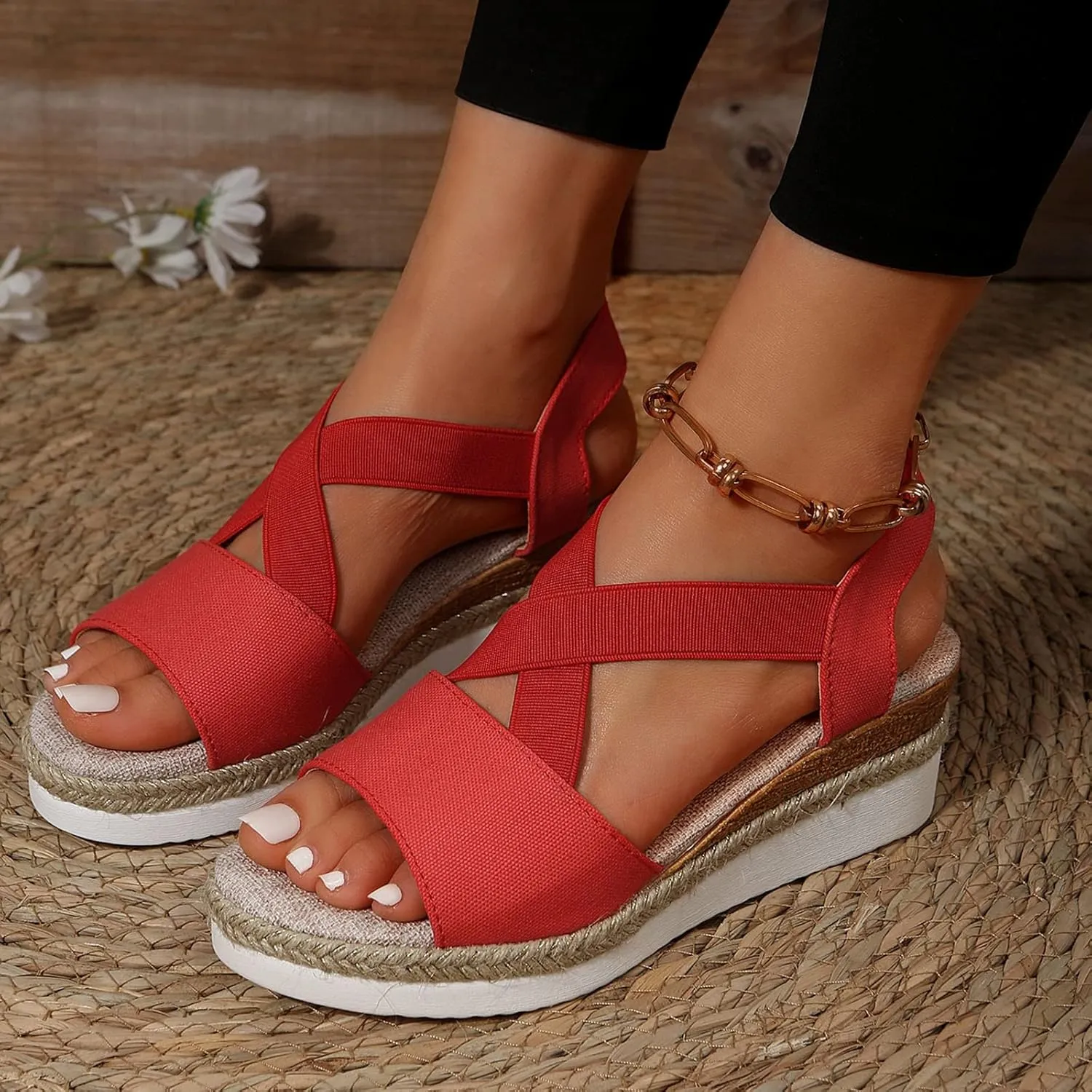 Womenyiaor Wedge Sandals for Women, Espadrilles for Women Open Toe Ankle Strap Wedge Heels Sandals Dressy Summer Platform Sandals Comfortable Slip on Sandals Orthopedic Sandals Casual (D-Red, 8.5)
