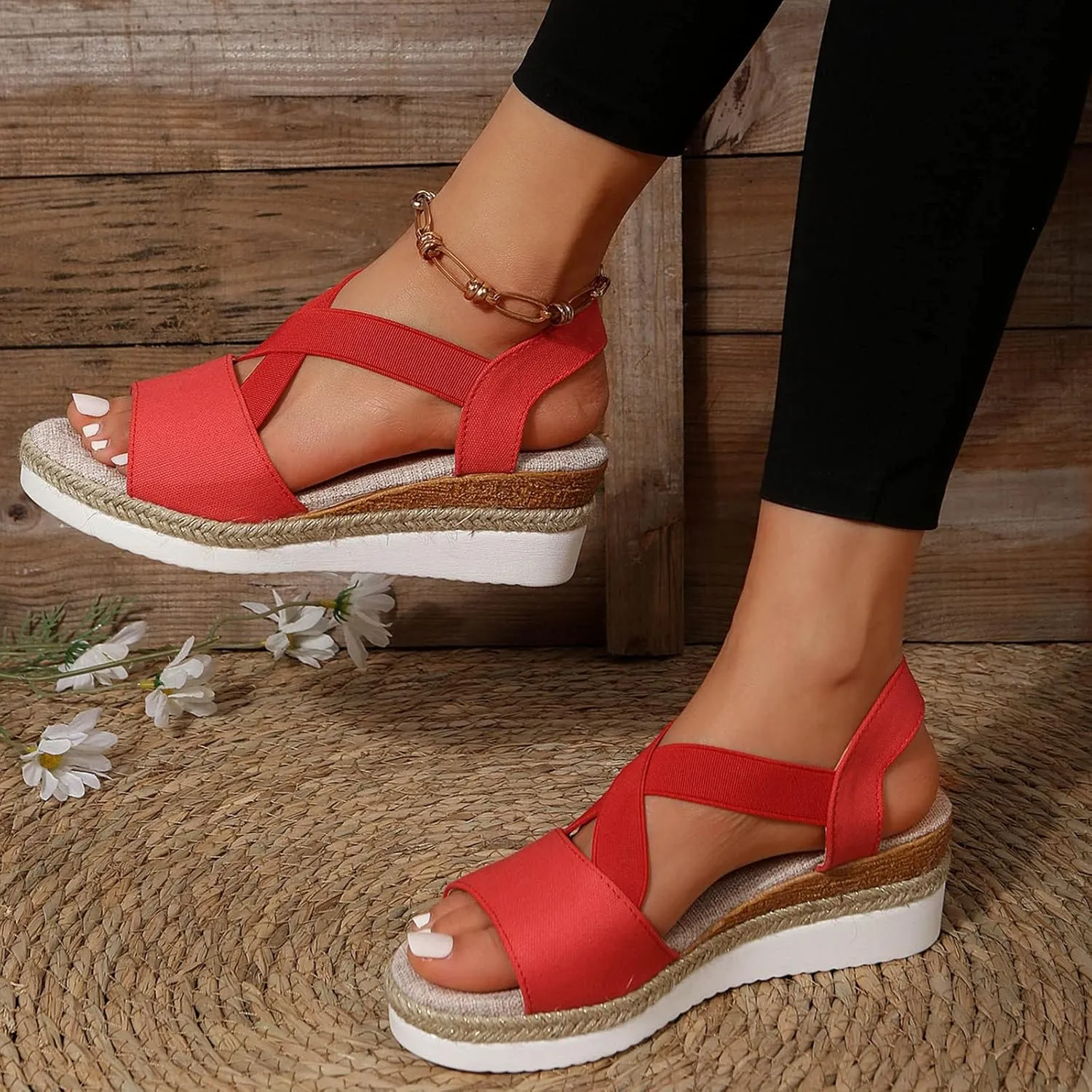 Womenyiaor Wedge Sandals for Women, Espadrilles for Women Open Toe Ankle Strap Wedge Heels Sandals Dressy Summer Platform Sandals Comfortable Slip on Sandals Orthopedic Sandals Casual (D-Red, 8.5)