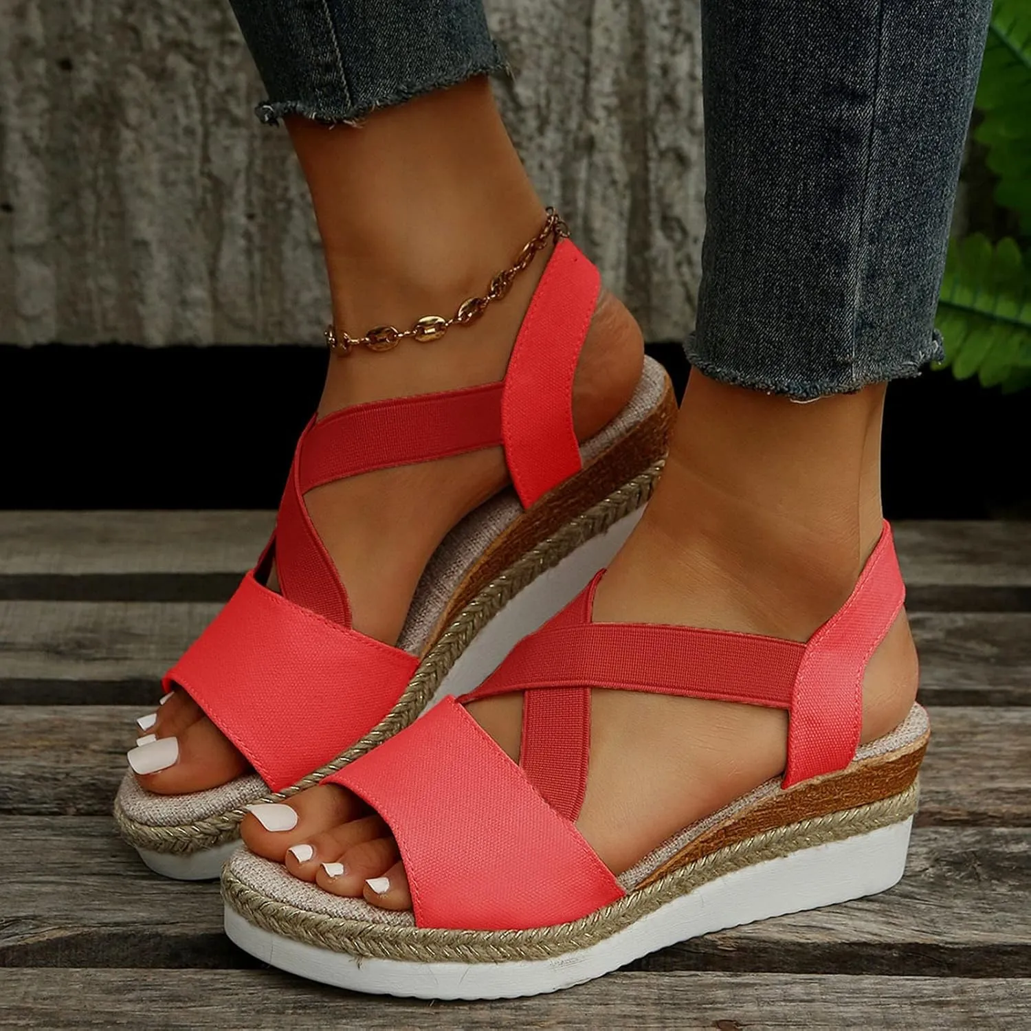 Womenyiaor Wedge Sandals for Women, Espadrilles for Women Open Toe Ankle Strap Wedge Heels Sandals Dressy Summer Platform Sandals Comfortable Slip on Sandals Orthopedic Sandals Casual (D-Red, 8.5)