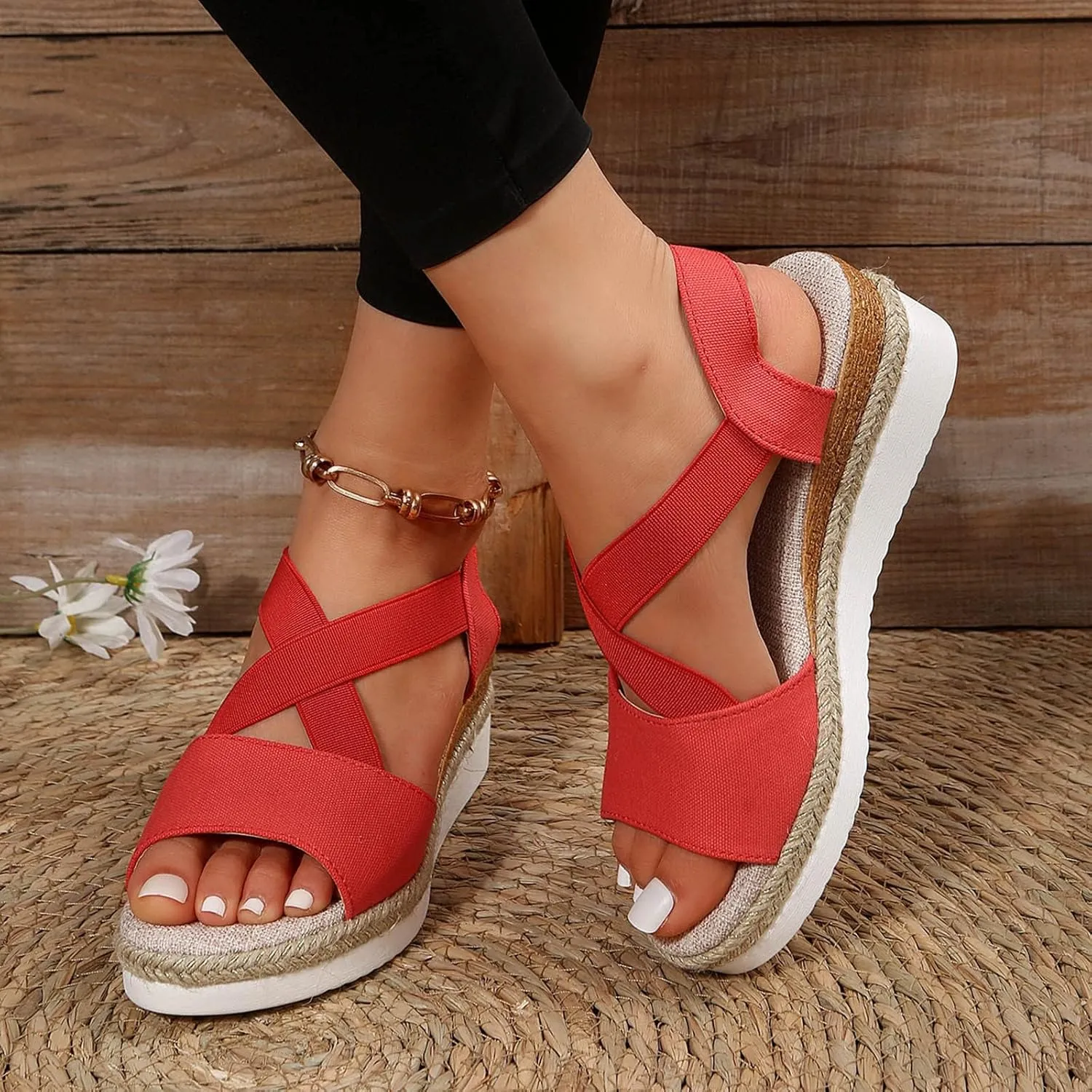 Womenyiaor Wedge Sandals for Women, Espadrilles for Women Open Toe Ankle Strap Wedge Heels Sandals Dressy Summer Platform Sandals Comfortable Slip on Sandals Orthopedic Sandals Casual (D-Red, 8.5)