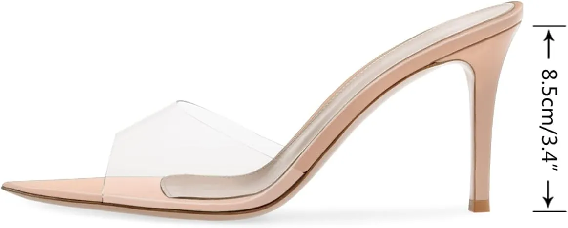 XINIUNIU Clear Mules for Women Heeled Sandals Pointed Open Toe Transparent Stilettos 3.5 inch Backless Slip On Dress Shoes for Party Wedding