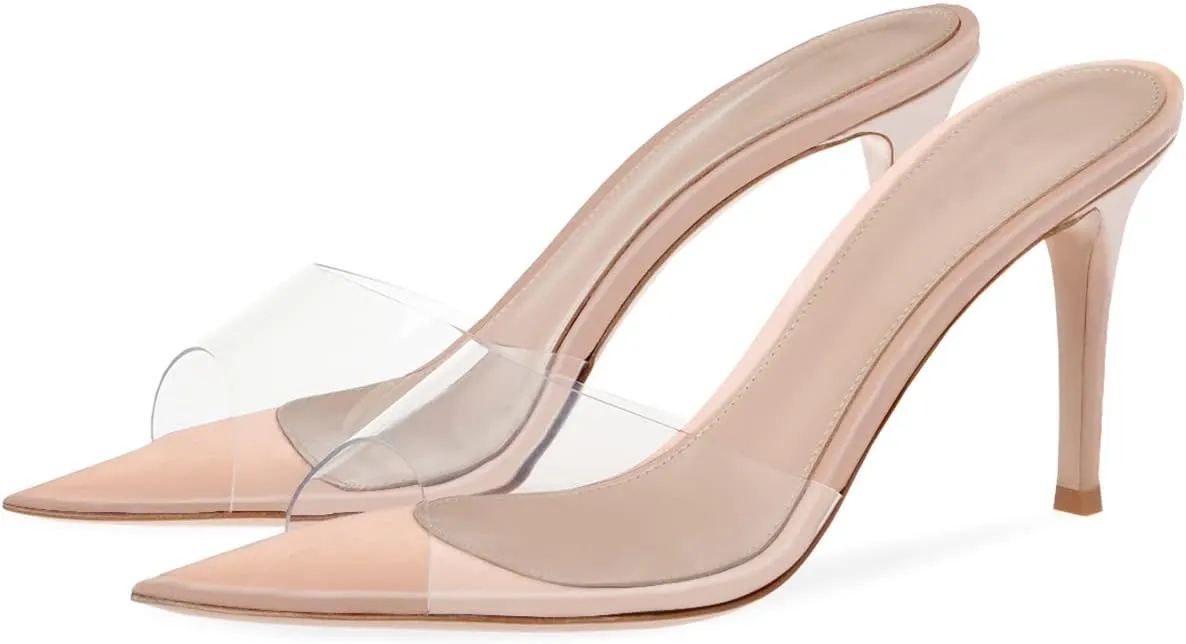 XINIUNIU Clear Mules for Women Heeled Sandals Pointed Open Toe Transparent Stilettos 3.5 inch Backless Slip On Dress Shoes for Party Wedding