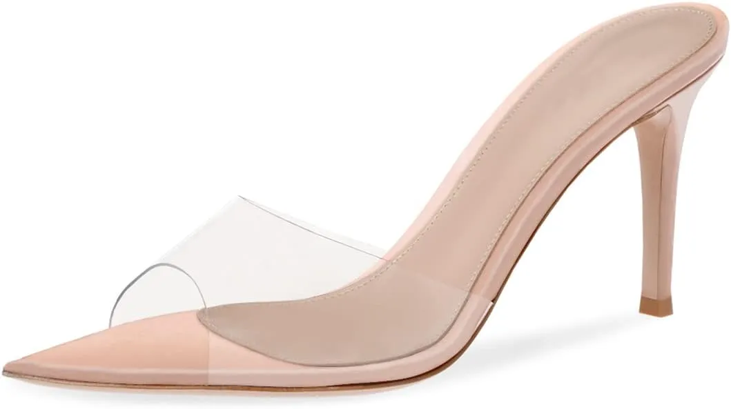XINIUNIU Clear Mules for Women Heeled Sandals Pointed Open Toe Transparent Stilettos 3.5 inch Backless Slip On Dress Shoes for Party Wedding