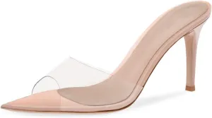 XINIUNIU Clear Mules for Women Heeled Sandals Pointed Open Toe Transparent Stilettos 3.5 inch Backless Slip On Dress Shoes for Party Wedding