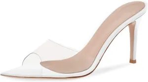 XINIUNIU Clear Mules for Women Heeled Sandals Pointed Open Toe Transparent Stilettos 3.5 inch Backless Slip On Dress Shoes for Party Wedding