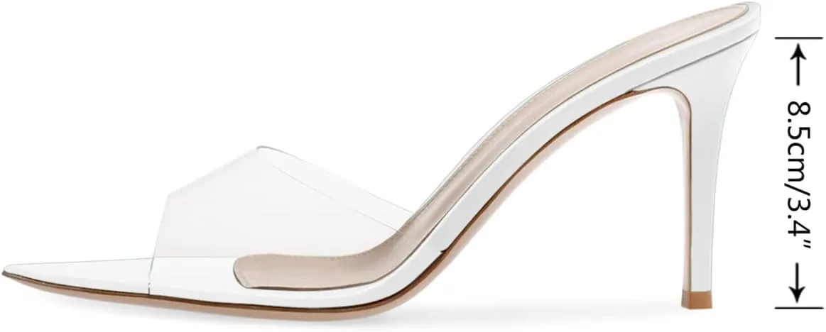 XINIUNIU Clear Mules for Women Heeled Sandals Pointed Open Toe Transparent Stilettos 3.5 inch Backless Slip On Dress Shoes for Party Wedding
