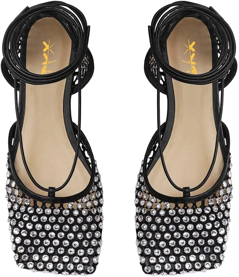 XYD Women Closed Square Toe Studded Flats Sandals Mesh D'Orsay Ankle Strap Slip On Prom Dance Ballroom Dress Shoes