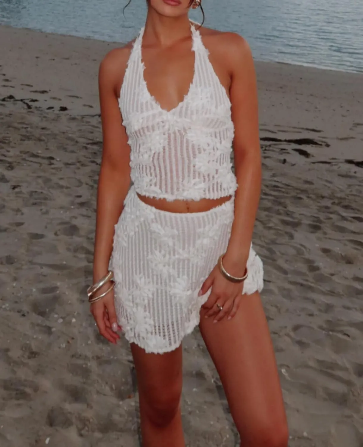 Y2k Mini Skirt Sets for Women Beach Vacation Lace Skirt and Backless Halter Tie Crop Tops Going Out 2 Piece Outfits