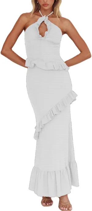 Y2k Ruffle Long Skirt Sets for Women 2 Piece Outfits Summer Ruched Backless Cami Top Matching Boho Maxi Skirt Set