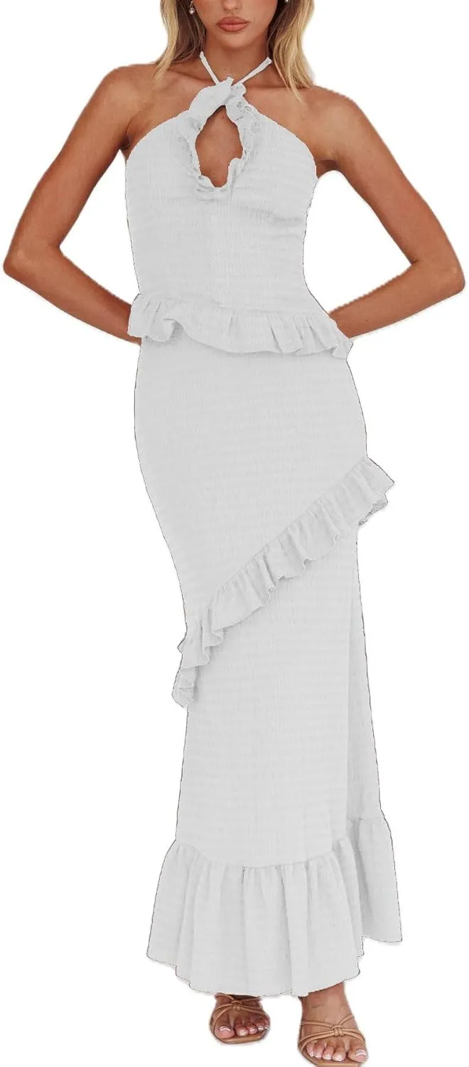 Y2k Ruffle Long Skirt Sets for Women 2 Piece Outfits Summer Ruched Backless Cami Top Matching Boho Maxi Skirt Set
