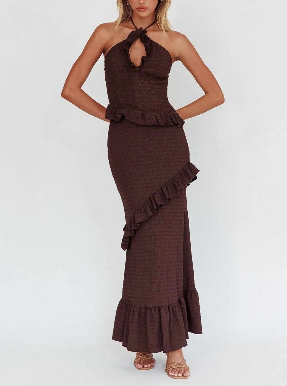 Y2k Ruffle Long Skirt Sets for Women 2 Piece Outfits Summer Ruched Backless Cami Top Matching Boho Maxi Skirt Set
