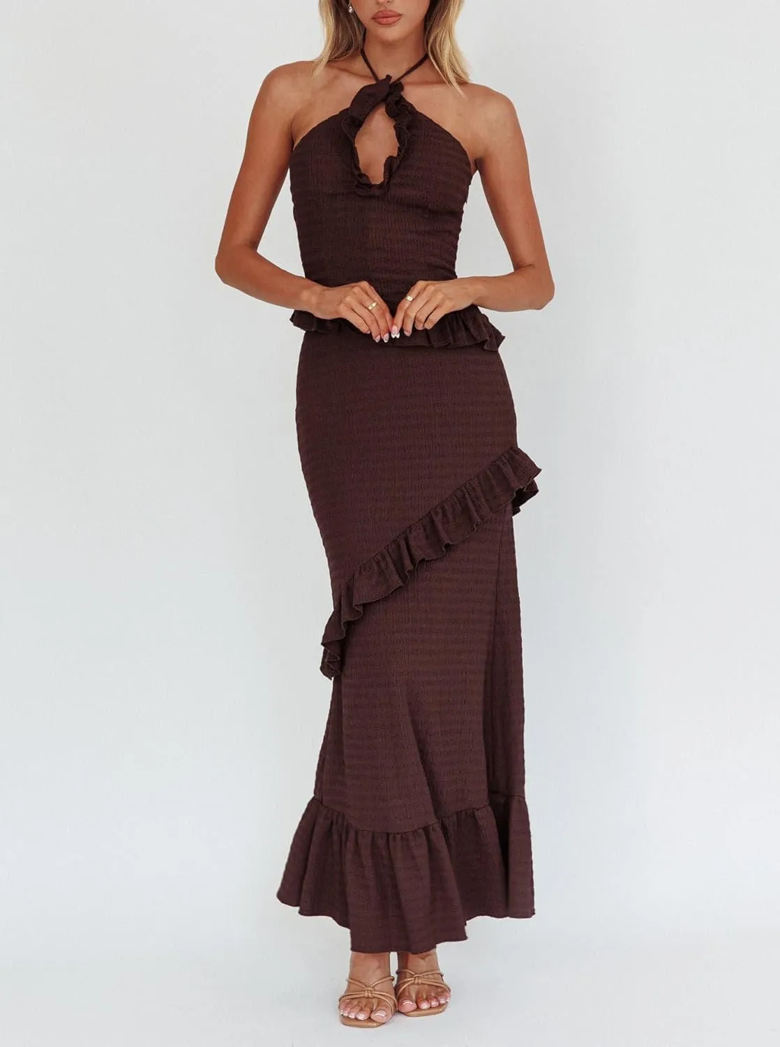 Y2k Ruffle Long Skirt Sets for Women 2 Piece Outfits Summer Ruched Backless Cami Top Matching Boho Maxi Skirt Set