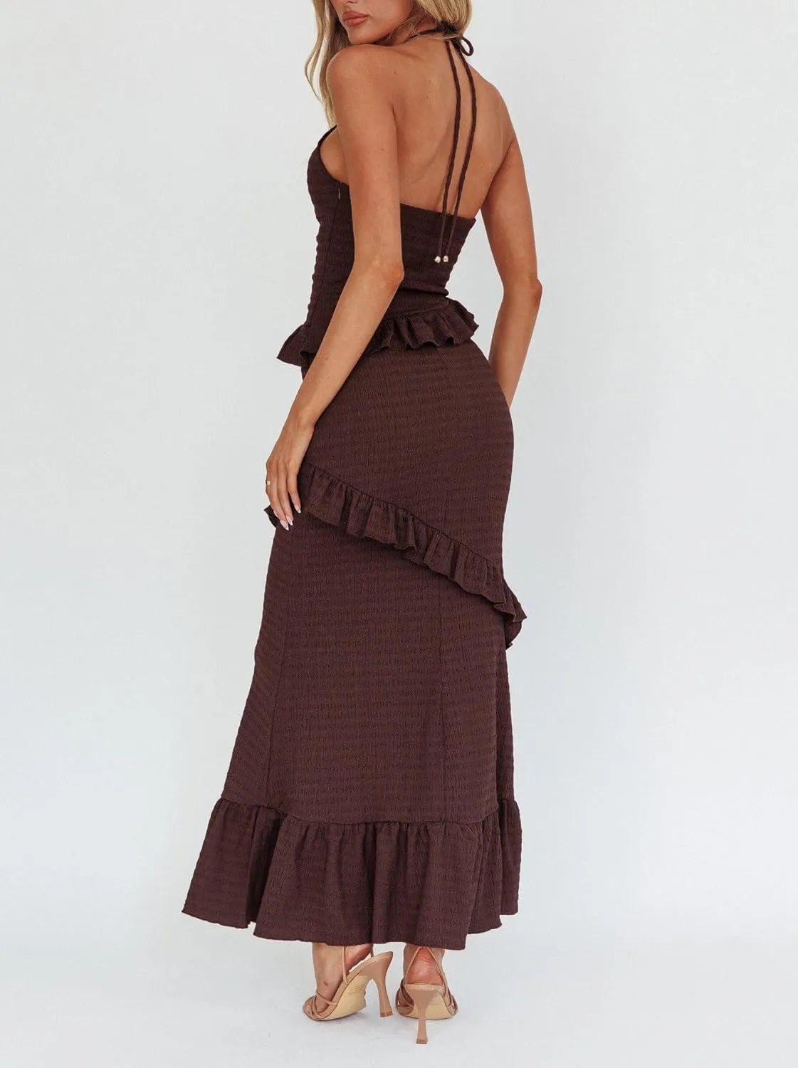 Y2k Ruffle Long Skirt Sets for Women 2 Piece Outfits Summer Ruched Backless Cami Top Matching Boho Maxi Skirt Set